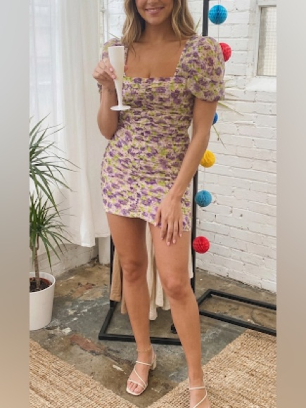 Zara Ruched Floral Bodycon Feminine Cottagecore Puff Sleeve Dress Size Small